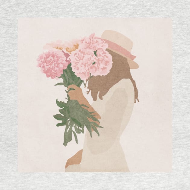 Girl in hat with flowers peonies by JulyPrints